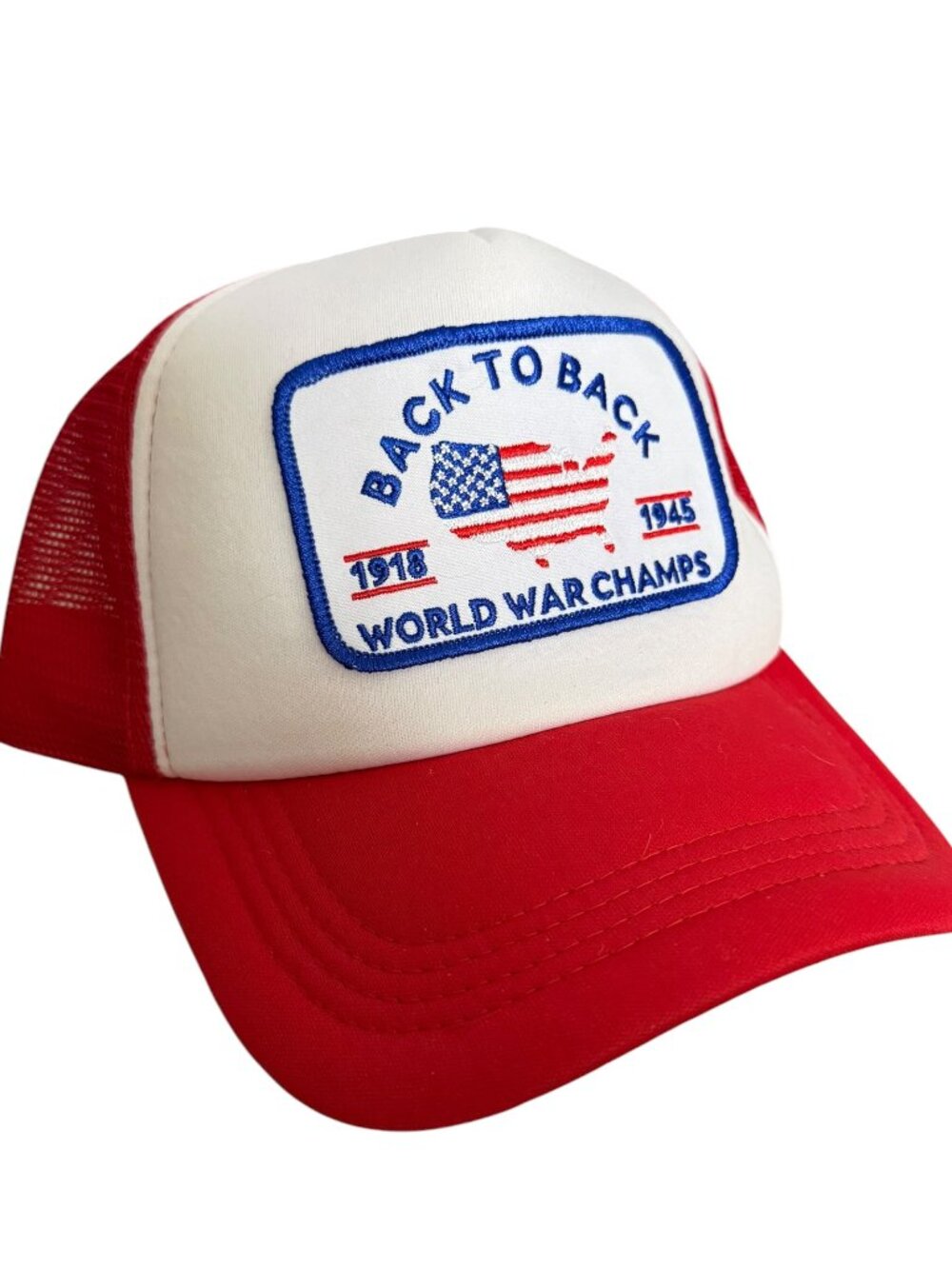 BACK TO BACK WORLD WAR CHAMPS! Custom Retro Style Red White & Blue Trucker Hat